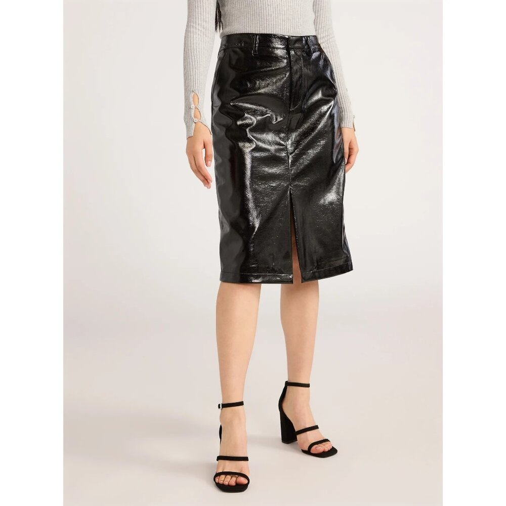 Scoop Women’s Faux Patent Leather Front Slit Midi Skirt Size 4 BLACK NWT